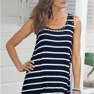 Soft Surroundings M Black White Striped Sleeveless Tank Top Embellished Viscose